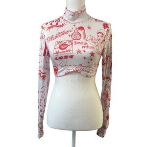 Y2K Grunge Red & White Punk Graphic Long Sleeve Streetwear Crop Top SizeM Shein